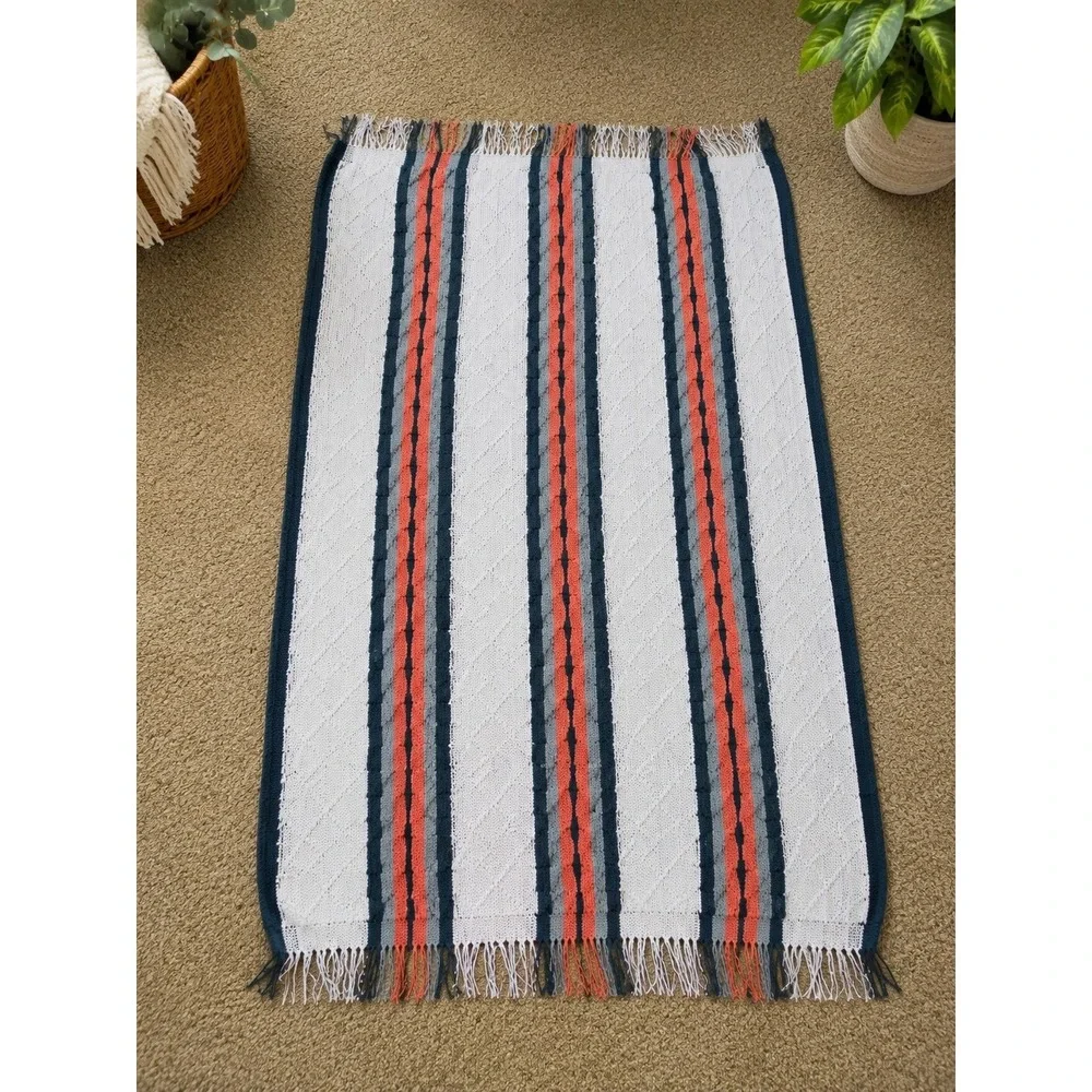 Vtg Handwoven Striped Rag Rug Coral Navy Fringe Cottagecore Farmhouse 65 x 37